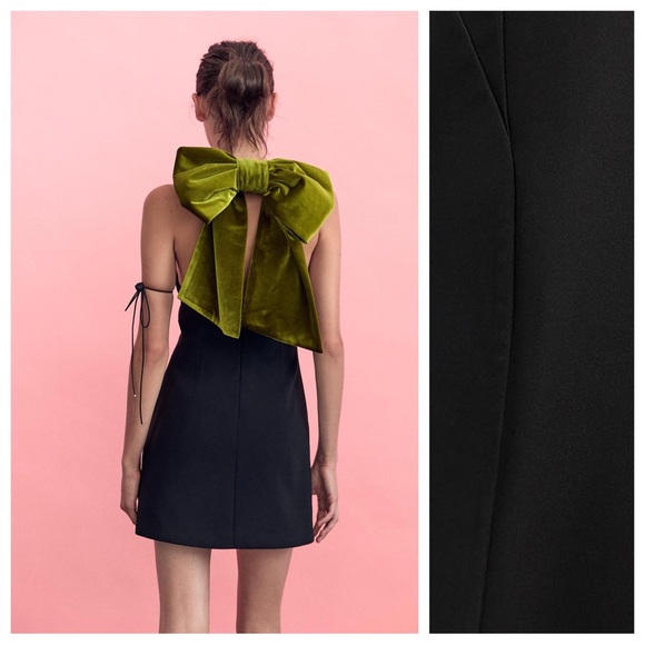 NWT. Zara Black Maxi Bow Velvet Short V-Neck Dress. Size M. - Picture 7 of 15